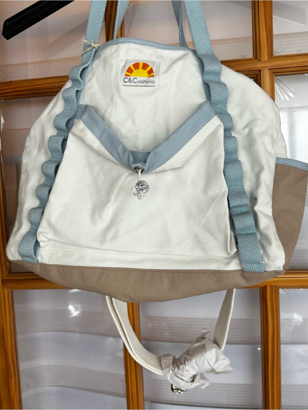 C&C California White Canvas Tote with Taupe Base and Light Blue Trim